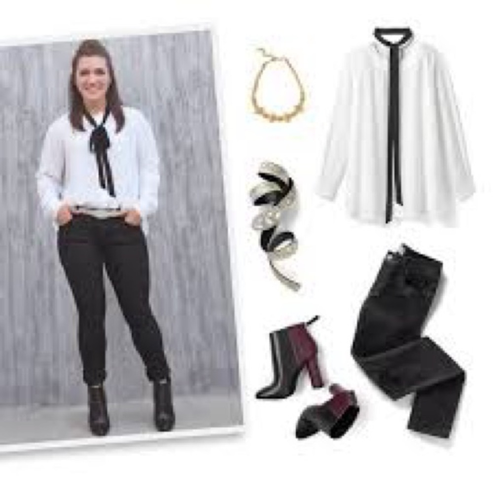 CAbi Tuxedo Blouse #3421  White, long sleeves, tie